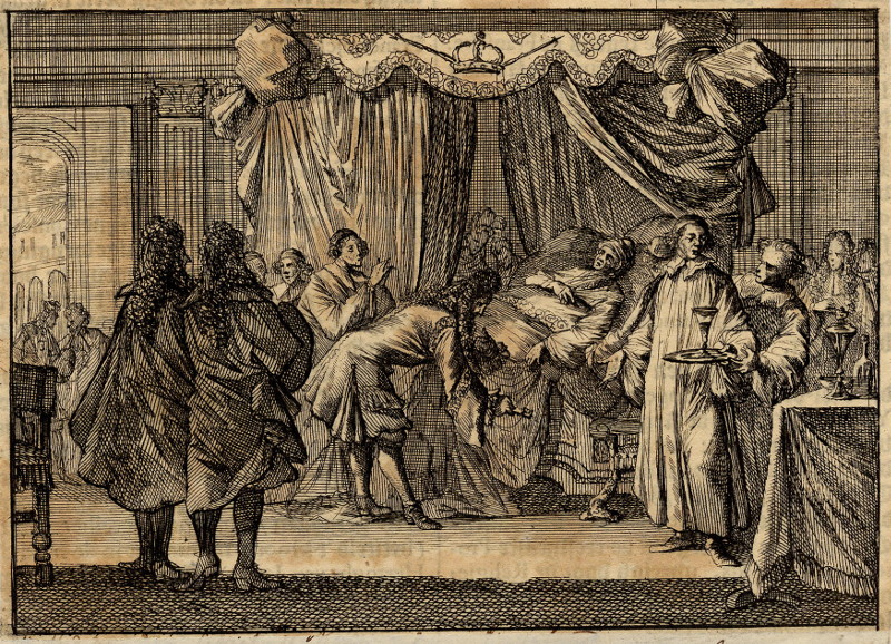 afbeelding van prent Het sterfbed van koning Karel II van Engeland van Jan en Caspar Luyken (Adel, )