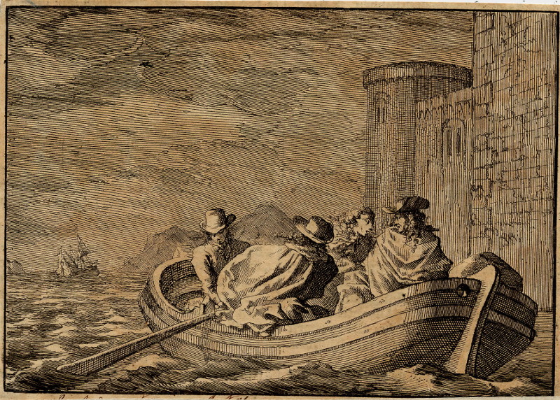 afbeelding van prent Koning Jacobus II vlucht bij nacht in een kleine roeiboot van Jan Luyken (Adel, )