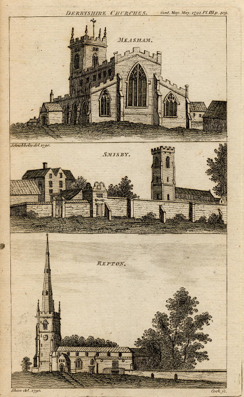 afbeelding van prent Derbyshire churches. Measham, Smisby, Repton van Cook, Shaw, Schnebbelie (Derbyshire)