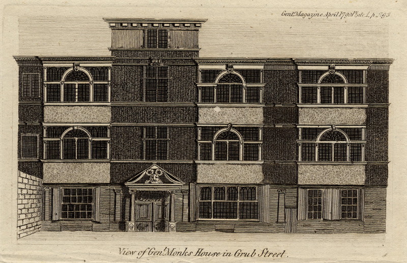 afbeelding van prent View of General Monks House in Grub Street. van nn (Londen, London)