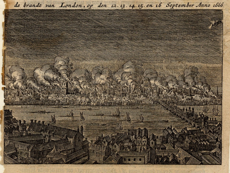 afbeelding van prent De brandt van London, op den 12,13, 14, 15 en 16 September Anno 1666 van R. van den Hoeye (Londen, London)