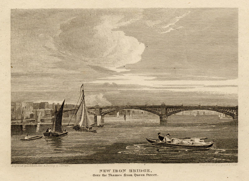 afbeelding van prent New Iron Bridge, Over the Thames from Queen Street van H. Hobson, J.P. Neale (Londen, London)