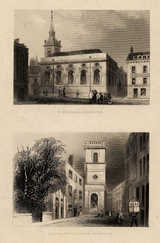afbeelding van prent St. Michael´s Queenhithe, All Hallows Church Upper Thames Street. van nn (Londen, London)