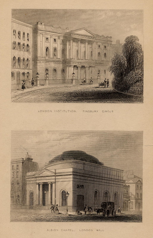 afbeelding van prent London Institution Finsbury Circus, Albion Chapel, London Wall van nn (Londen, London)