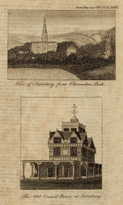 afbeelding van prent View of Salisbury, from Clarendon Park; The Old Council house at Salisbury van nn (Salisbury)