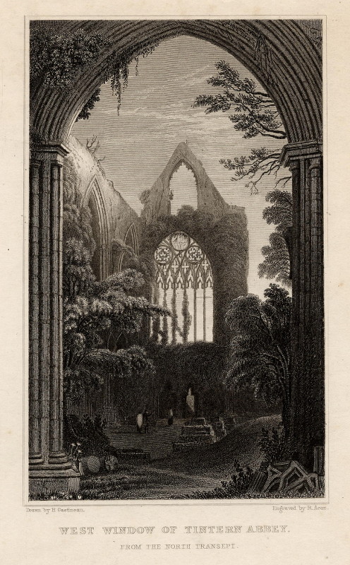 afbeelding van prent West window of Tintern Abbey, from the North transept van R. Acon, H. Gastineau (Tintern)