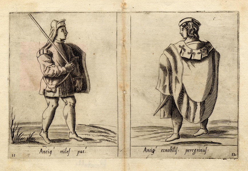 afbeelding van prent Antig miles pat; Antig et nobilis peregrinus van Ferdinando Bertelli (mogelijk)