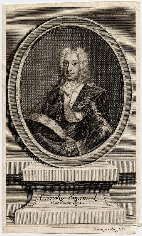 afbeelding van prent Carolus Emanuel Sardinae Rex van Johann Martin Bernigeroth (Adel, )