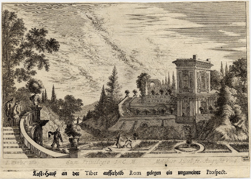 afbeelding van prent Lufthaus an der Timer ausserhalb Rom gelegen ein ungemeiner Prospect van Melchior Küsell, J.W. Baur (Rome)