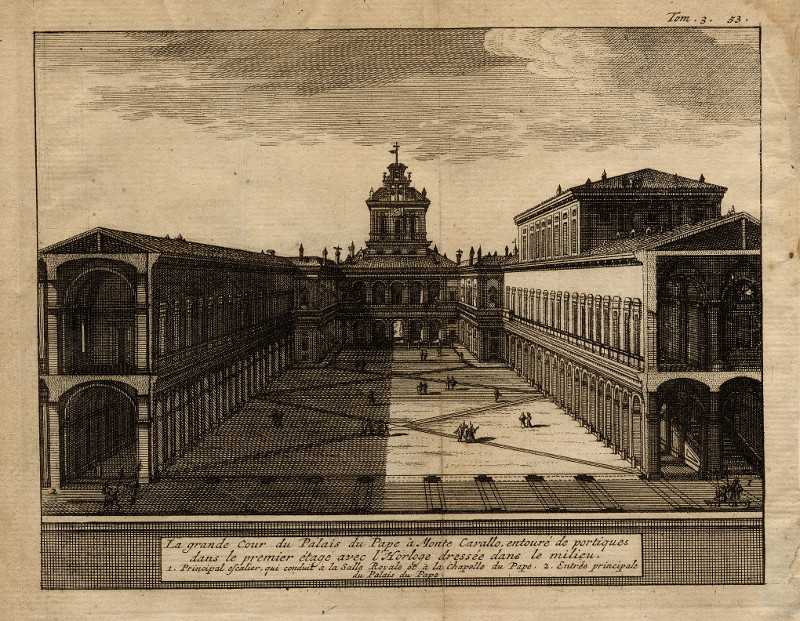 afbeelding van prent La grande Cour de Palais du Pape à Monte Cavallo, entouré de portiques dan s le premier étage  van Pieter van der Aa (Vaticaanstad, Vaticaan, Vatican)