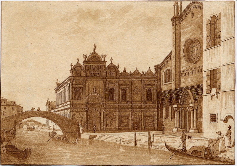 afbeelding van prent Kerk aan het kanaal in Venetië van nn (Venetie, Venice)