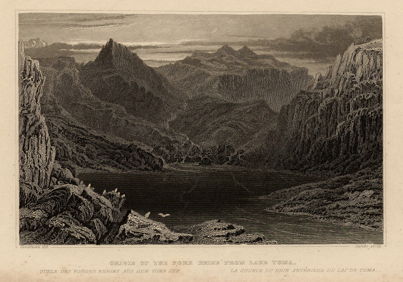 afbeelding van prent Origin of the Fore Rhine from Lake Toma van Tombleson, Sands (Tomameer)