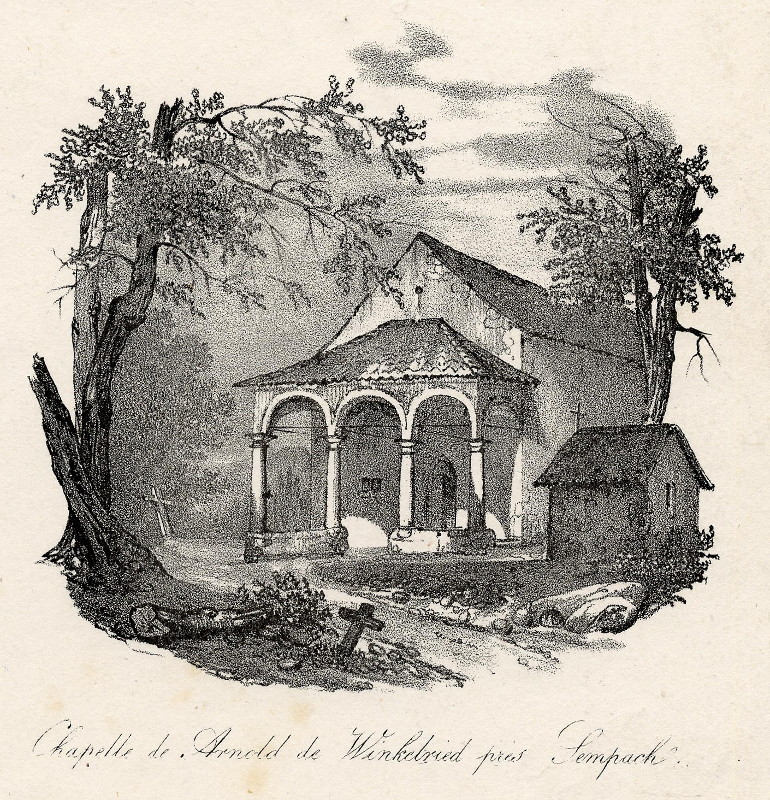 afbeelding van prent Chapelle de Arnold de Winkelried près Sempach van Engelmann, Rothmuller (Sempach)