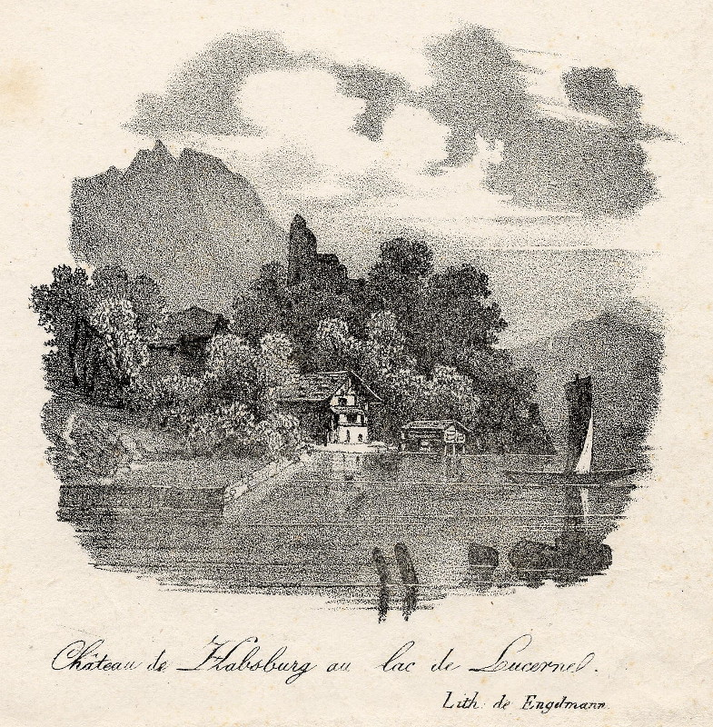 afbeelding van prent Chateua de Habsburg au lac de Lucerne van Engelmann (Luzern)
