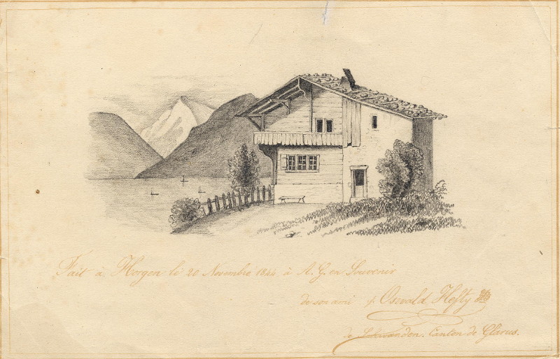 afbeelding van prent Fait à Horgen le 20 Novembre 1844 à A.G. en Souvenir de son ami Oswald Hefty van A.G. (Horgen)