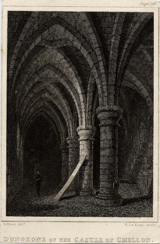 afbeelding van prent Dungeons of the castle of Chillon van S. Prout, H. le Keux (Chillon)