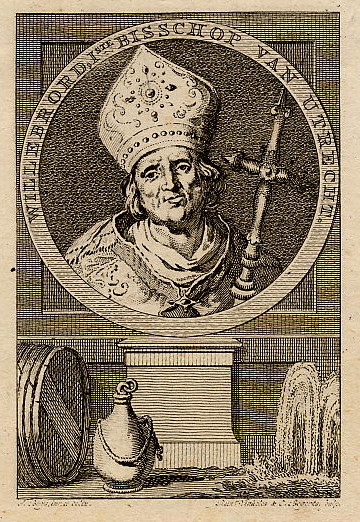 afbeelding van prent Willebrord, 1ste bisschop van Utrecht van J. Buys, R. Vinkeles, C. Bogerts