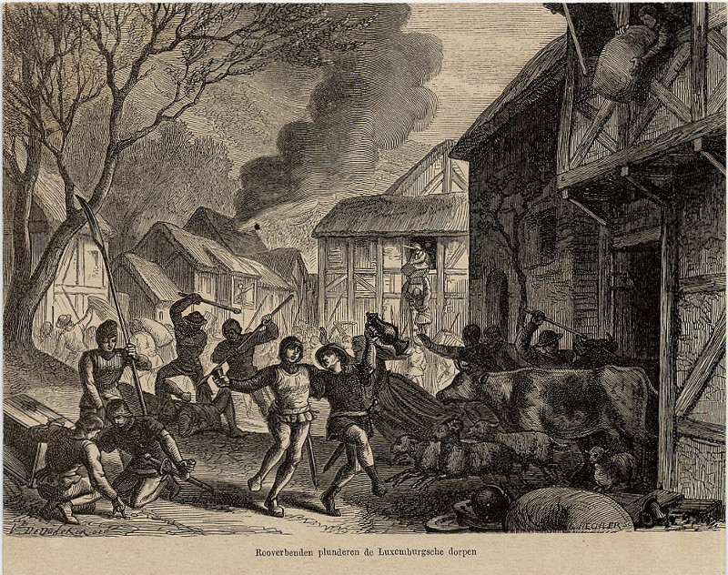 afbeelding van prent Rooverbenden plunderen de Luxemburgsche dorpen van V. DeDoncker, C. Hechler (Luxemburg)