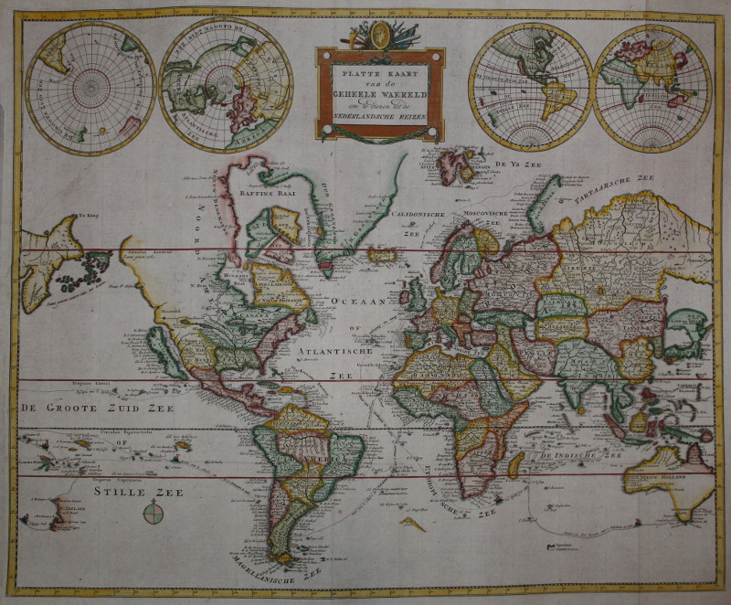 afbeelding van kaart Platte Kaart van de geheele waereld om te dienen tot de Nederlandsche reizen van Petrus Conradi en Volkert van der Plaats 