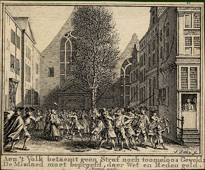 afbeelding van prent Aen ´t volk betaemt geen straf noch toomeloos geweld; de misdaed moet beproefd, daer wet en re van S. Fokke, F. Houttuyn (Amsterdam)