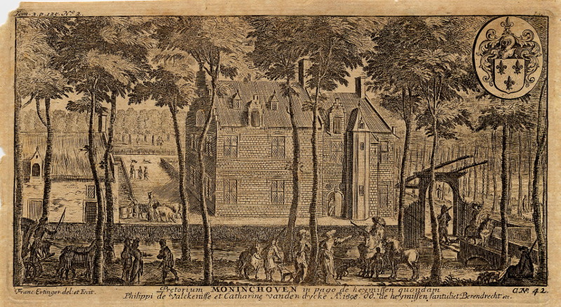 afbeelding van prent Pretorium Moninchoven in pago de heymissen quondam Philippi de Valckenisse et Catharine vanden Dycke van Franc. Ertinger (Antwerpen)