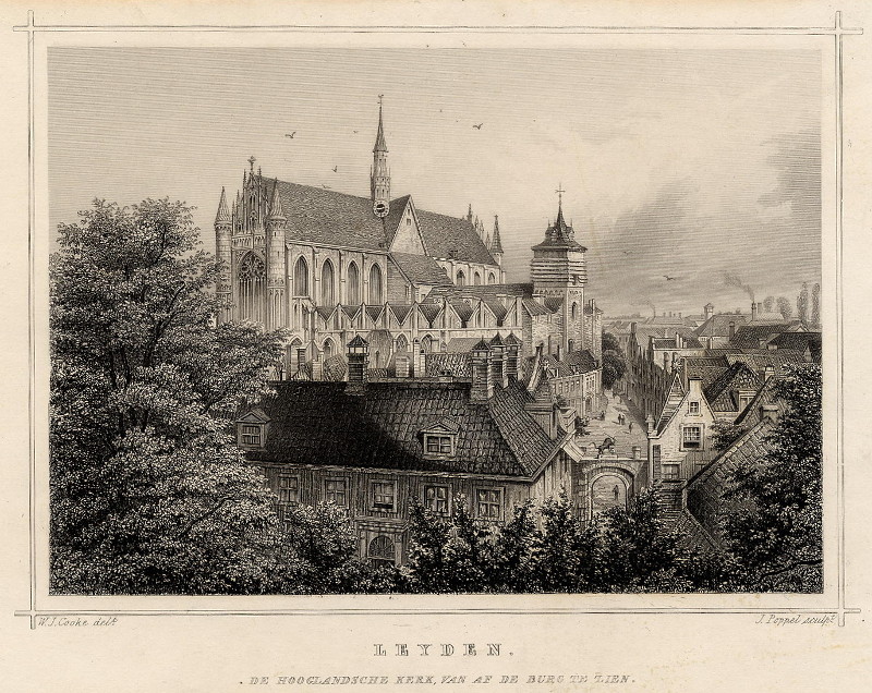 afbeelding van prent Leyden, de Hooglandsche Kerk van af de Burg te zien. van J. Poppel, W.J. Cooke (Leiden)