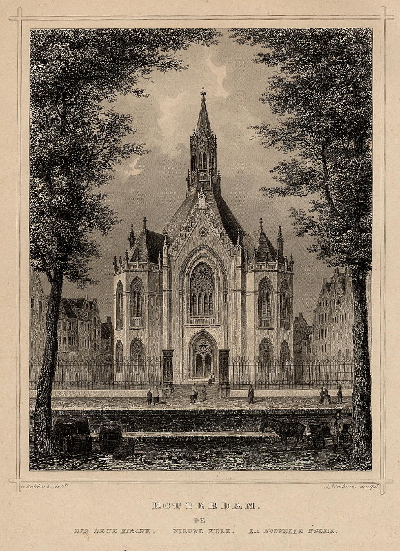 afbeelding van prent Rotterdam, Die Neue Kirche, De Nieuwe Kerk, La Nouvelle Église van L. Rohbock, J. Umbach (Rotterdam)