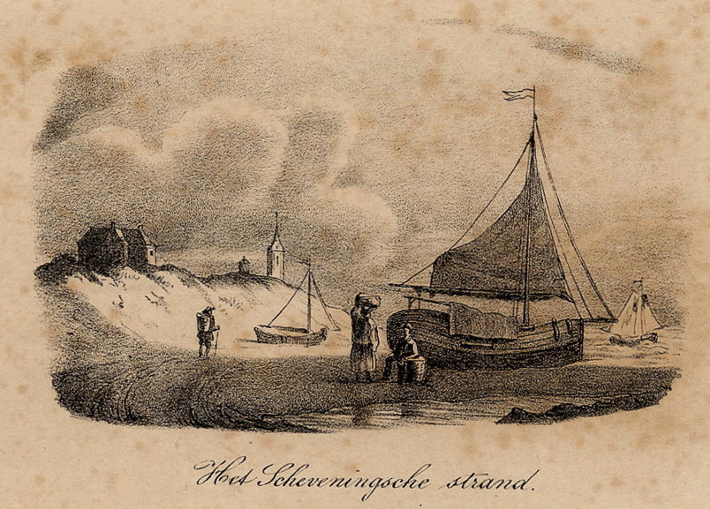 afbeelding van prent Het Scheveningsche strand van nn, mogelijk J. van Genk naar H. van Geelen (Scheveningen)