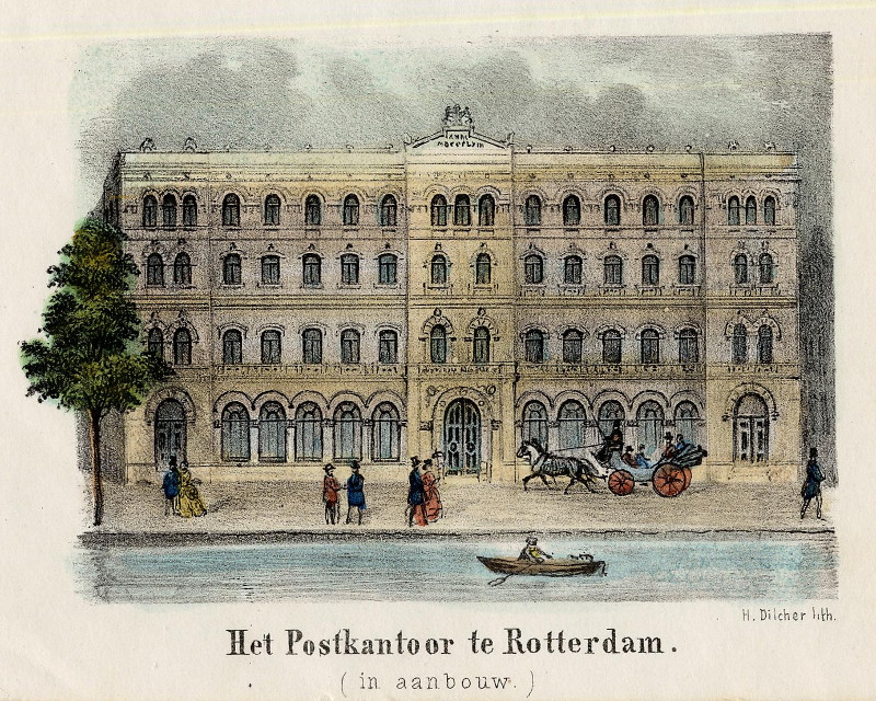 afbeelding van prent Het Postkantoor te Rotterdam (in aanbouw) van H. Dilcher (Rotterdam)