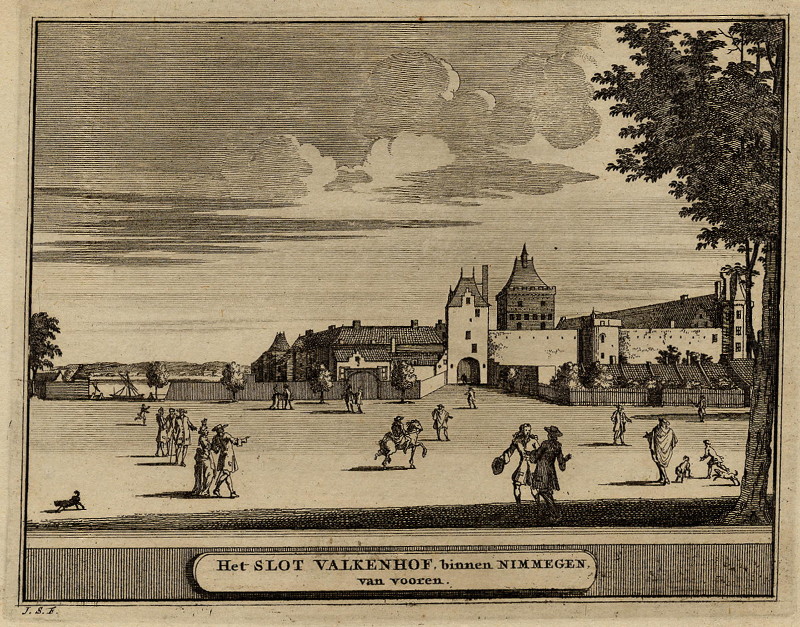 afbeelding van prent Het slot Valkenhof, binnen Nimmegen, van vooren van Jacobus Schijnvoet, naar Roelant Roghman (Nijmegen)