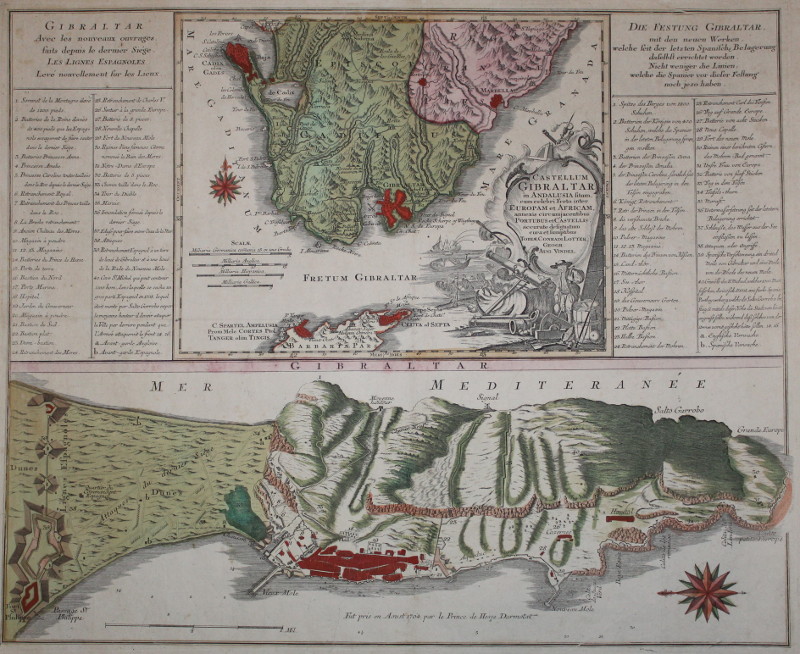 afbeelding van kaart Castellum Gibraltar in Andalusia fitum cum celebri Freto inter Europam et Africam annexis circumjace van Tobias Conrad Lotter
