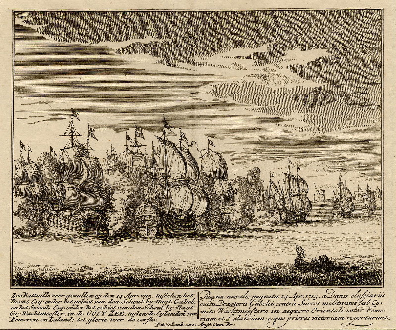 afbeelding van prent Zee Battaille voor gevallen op den 24 Apr. 1715 van Peter Schenk (Fehmarn, Lolland)
