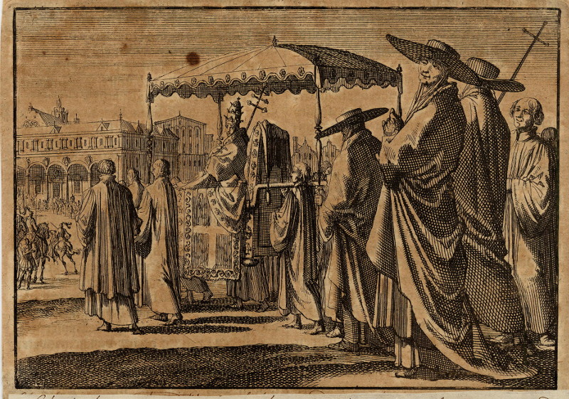 afbeelding van prent Christiaan IV, koning van Denemarken, als paus verkleed, bootst met zijn hovelingen een processie na van Jan Luyken (Adel, )