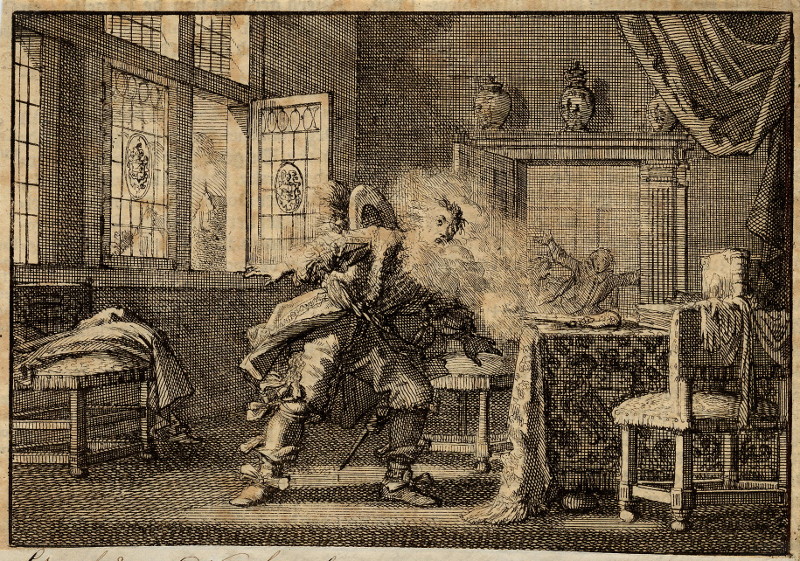 afbeelding van prent Willem Frederik van Nassau, stadhouder van Friesland, wordt in zijn kamer gedood .. van Jan Luyken (Adel, )