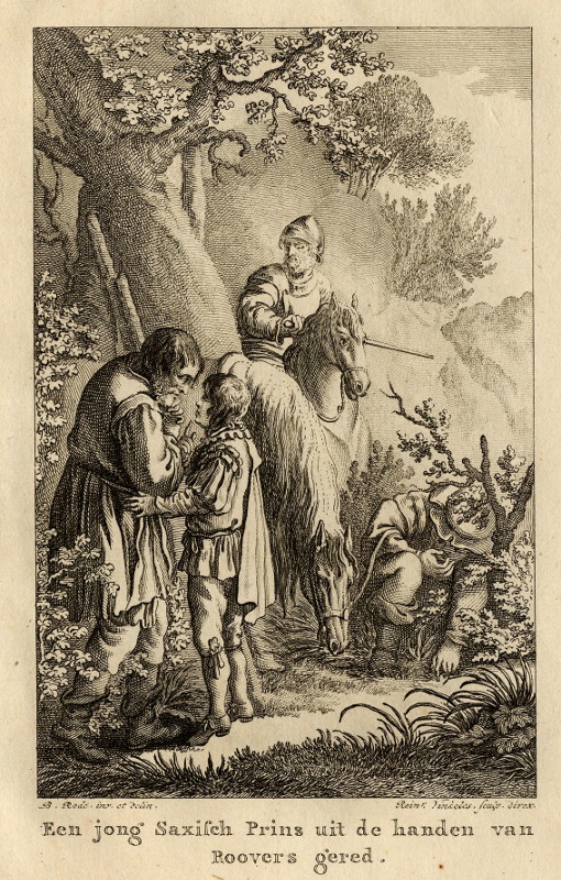 afbeelding van prent Een jong Saxisch Prins uit de handen van Roovers gered van R. Vinkeles, C.B. Rode