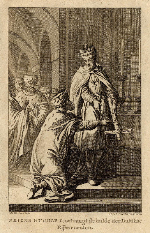 afbeelding van prent Keizer Rudolf I, ontvangt de hulde der Duitsche Rijksvorsten van R. Vinkeles, C.B. Rode (Adel, )