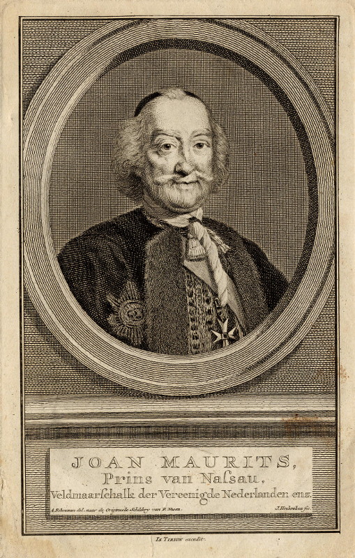 afbeelding van prent Joan Maurits, Prins van Nassau, Veldmaarschalk der Vereenigde Nederlanden enz. van J. Houbraken, naar A. Schouman, naar P. Nason (Adel, )