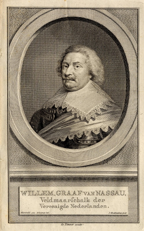 afbeelding van prent Willem, graaf van Nassau, Veldmaarschalk der Vereenigde Nederlanden. van J. Houbraken, naar M.J. van Miereveld, naar A. Schouman (Adel, )