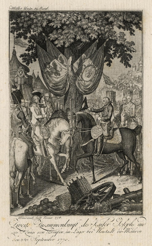 afbeelding van prent Zweite Zusammenkunst des Kaiser Josephs und des Konigs von Preussen, im Lager bei Neustadt  van Weinrauch (Adel, )