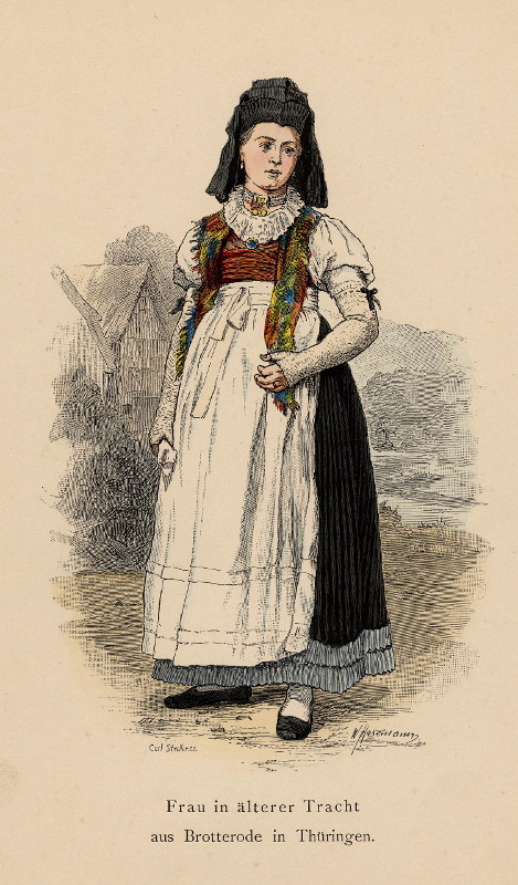 afbeelding van prent Frau in alterer Tracht aus Brotterode in Thuringen van W. Hazermann, Carl Streller