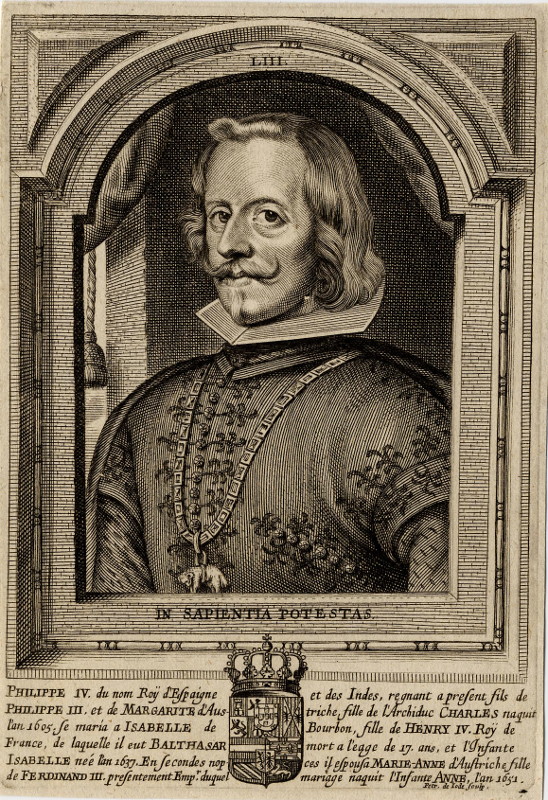 afbeelding van prent Portret van Filips IV, koning van Spanje van P. de Jode II (Adel, )