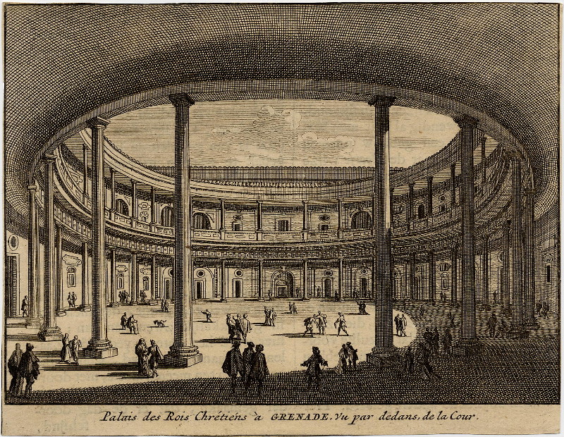 afbeelding van prent Palais des Rois Chretiens a Grenda, Vu par dedans, de la Cour van Pieter van der Aa (Granada)