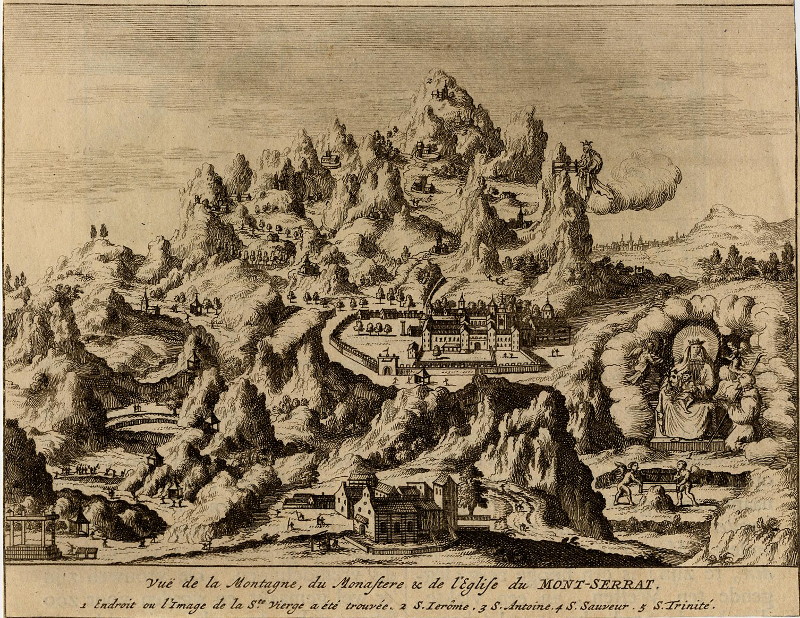 afbeelding van prent Vue de la Montagne, du Monastere & de l´Eglise du Mont-Serrat van Pieter van der Aa (Montserrat)
