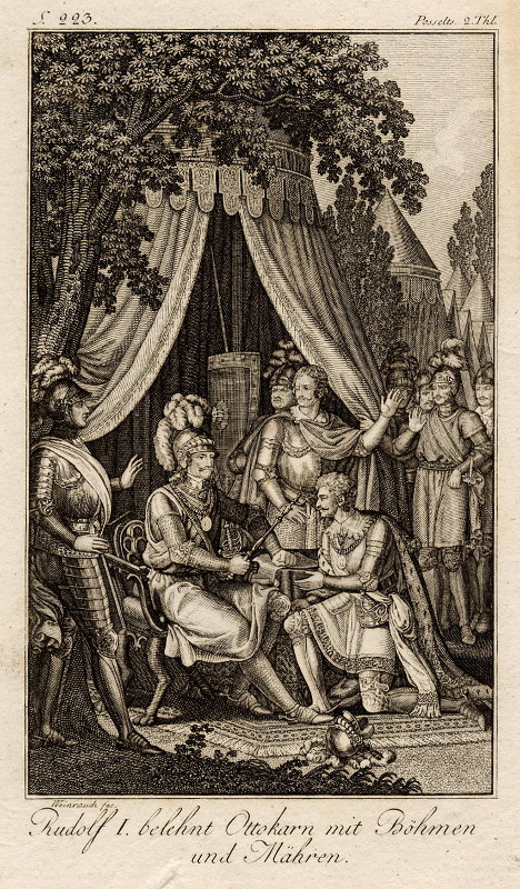 afbeelding van prent Rudolf I belehnt Ottokarn mit Bohmen und Mahren van J.C. Weinrauch (Adel, )