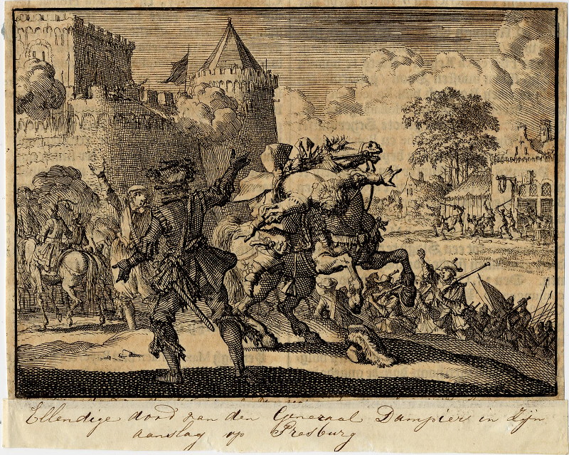 afbeelding van prent Keizerlijk bevelhebber Dampier valt van zijn paard na een schot vanaf de muren van Presburg van Jan Luyken