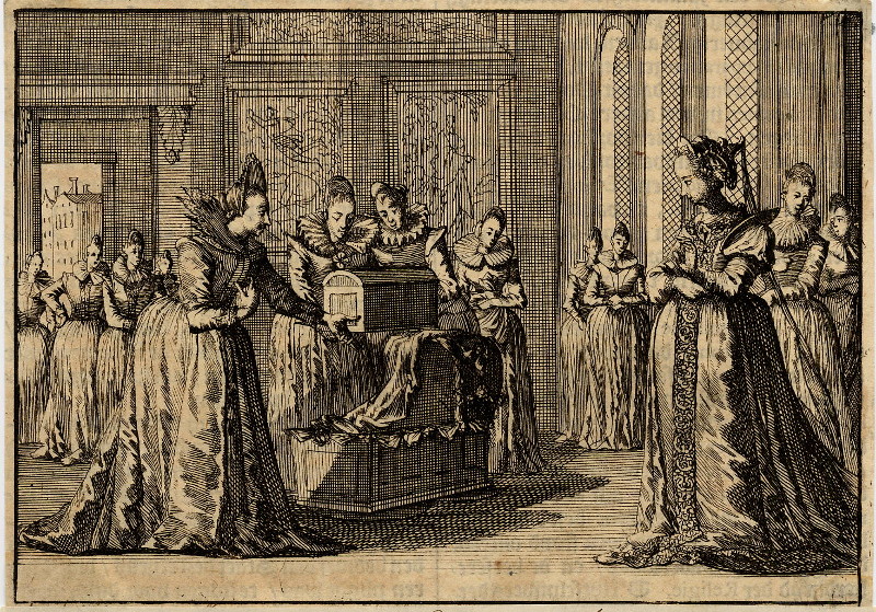 afbeelding van prent Praagse vrouwen bieden koningin Elisabeth een wieg en kleren aan voor haar te verwachten kind van Caspar Luyken (Adel, )