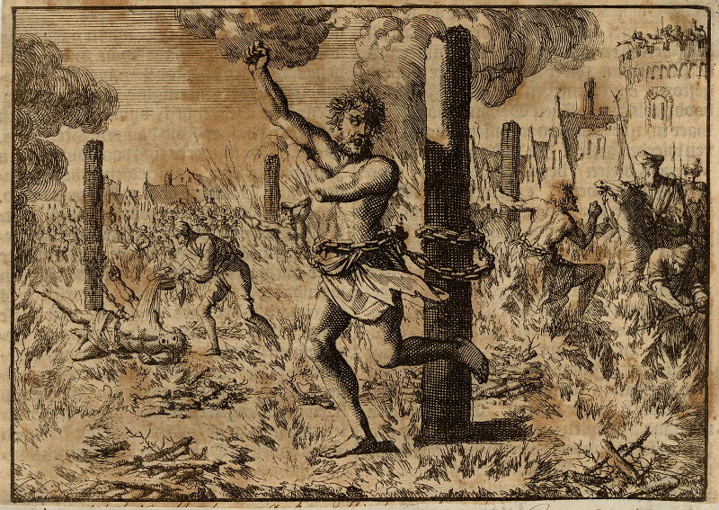 afbeelding van prent Vier brandstichters te Praag bij klein vuur levend verbrand van Jan Luyken