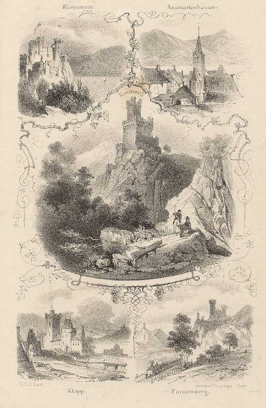 afbeelding van prent Rheinstein, Assmannshausen, Sooneck, Klopp, Furstenberg van C.C.Last (Mainz)