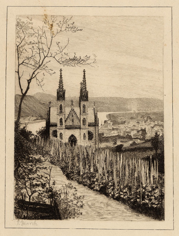 afbeelding van prent Uitzicht op een kerk in het Rijndal van R. Heinrich