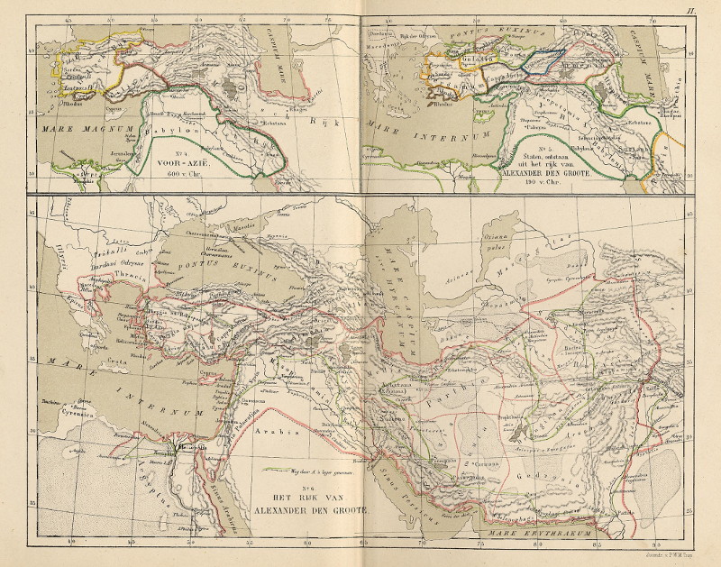 afbeelding van kaart Het Rijk van Alexander den Groote; Voor-Azië 600 v. Chr.;  Staten ontstaan uit het rijk... 190 v. C van P.W.M. Trap